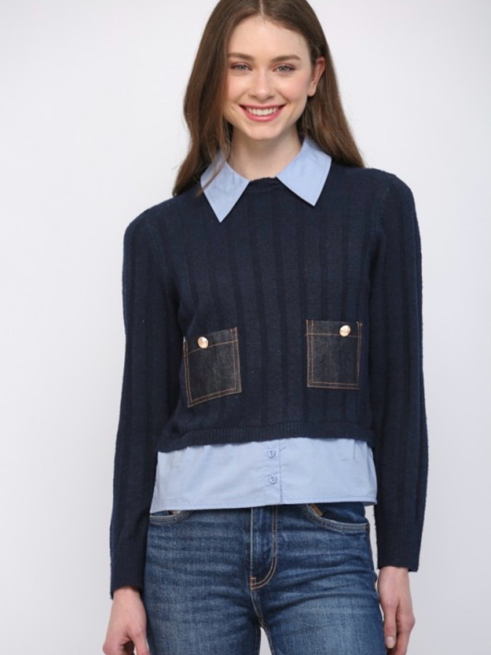 Navy Cropped Crewneck Sweater with Front Patch Pockets